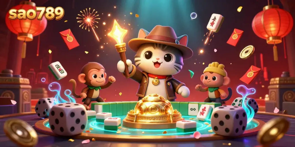 Engage in thrilling gameplay at sao789 with a vibrant illustration of an archaeologist cat discovering casino treasures.