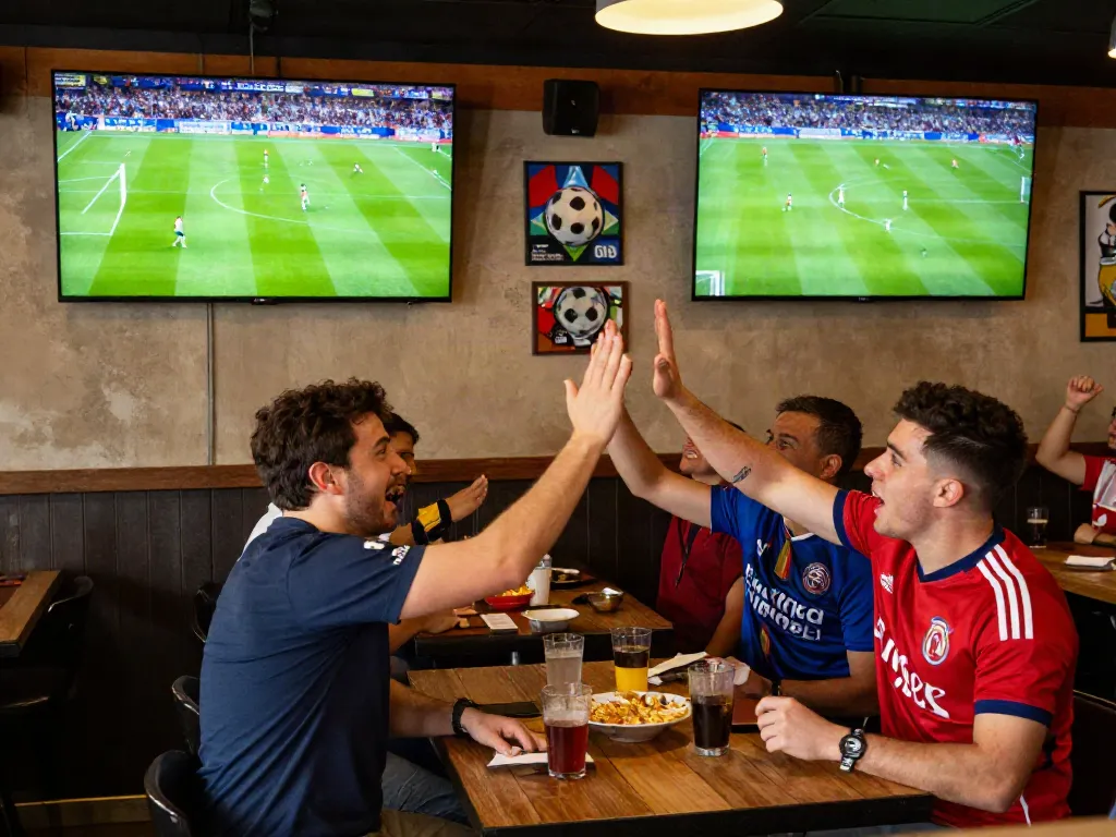Fans watching football on https://xoilactvlive.net/ at a lively sports bar.