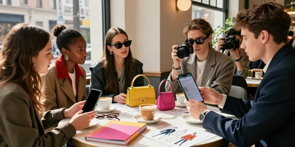 Celebritygiant influencers discussing fashion trends over coffee in a stylish café.