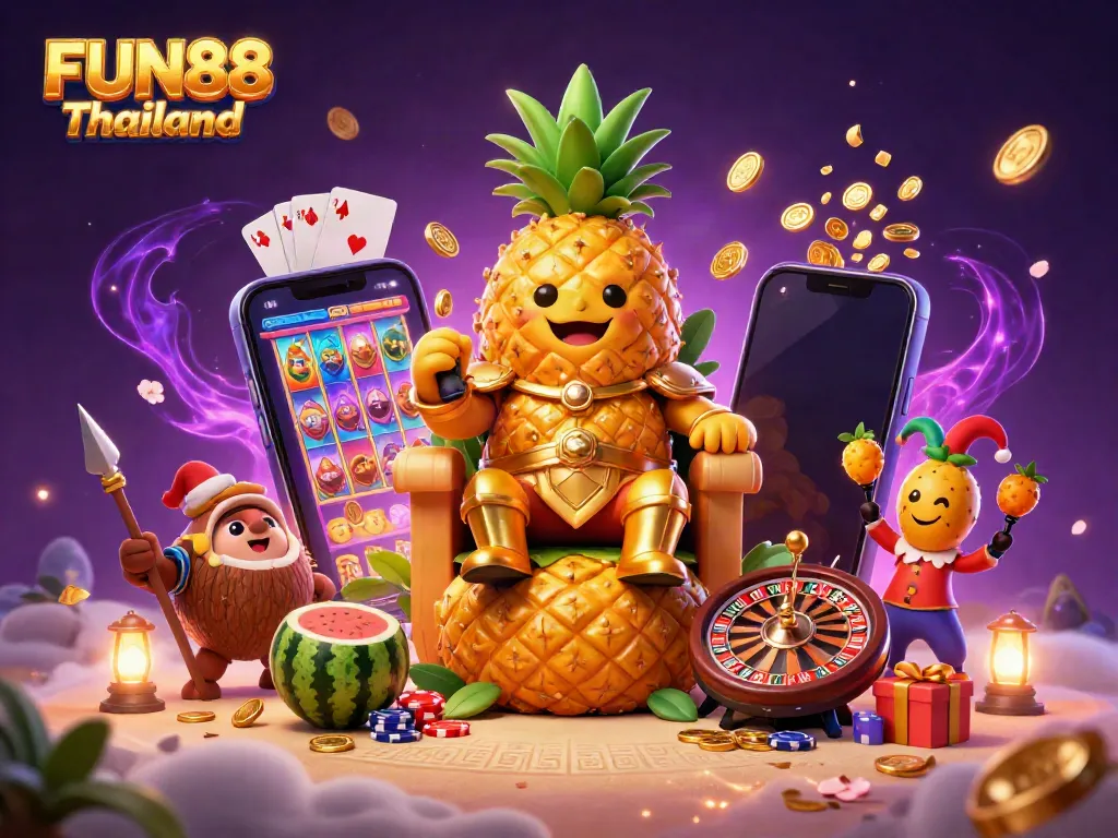 Experience the vibrant FUN88 Thailand casino scene with golden coins and slot games in action.