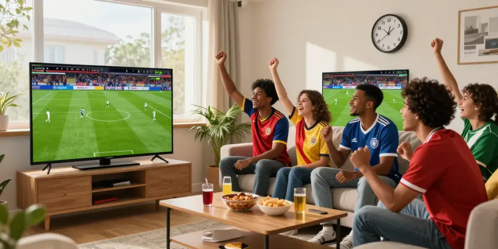Friends enjoying a live football match on https://xoilactvx.me/ in a lively living room.