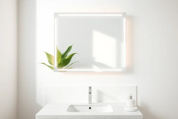 Elegant mirror and led lights reflecting in a modern bathroom setting.