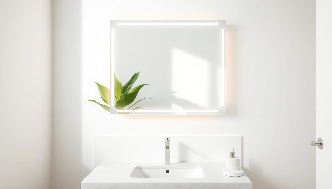 Elegant mirror and led lights reflecting in a modern bathroom setting.