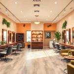 Stylish interior of hair salons san diego featuring elegant decor and Aveda products.