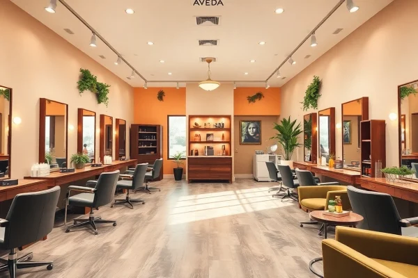 Stylish interior of hair salons san diego featuring elegant decor and Aveda products.