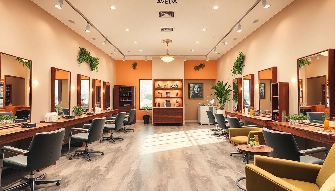 Stylish interior of hair salons san diego featuring elegant decor and Aveda products.