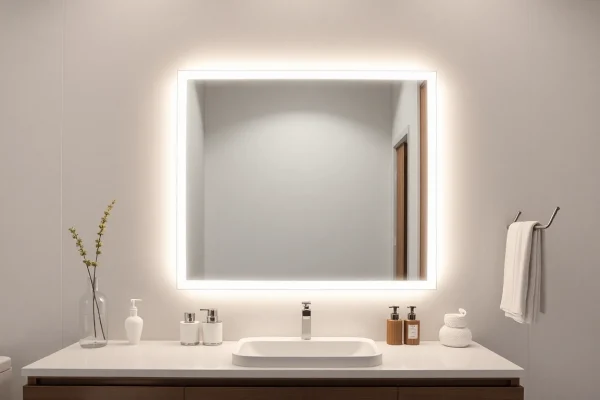 Gaze into a striking mirror with lights, illuminating a modern bathroom's elegance.