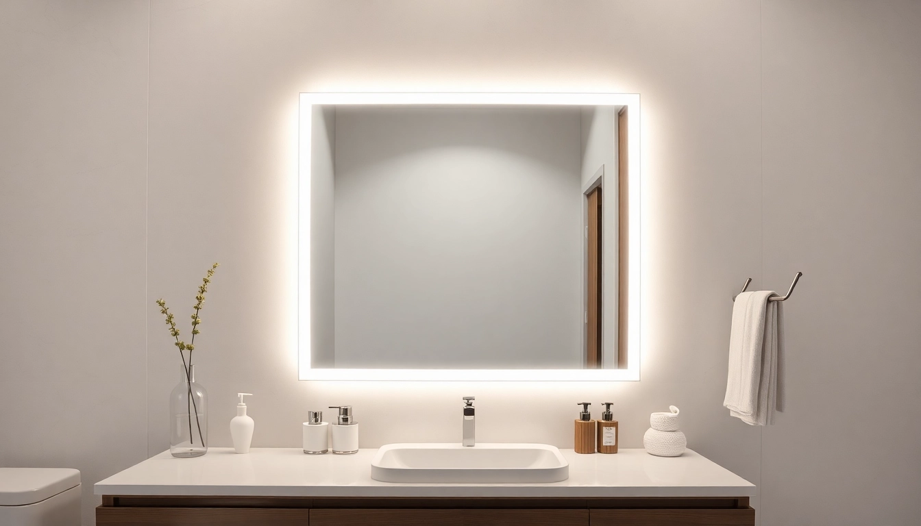 Gaze into a striking mirror with lights, illuminating a modern bathroom's elegance.