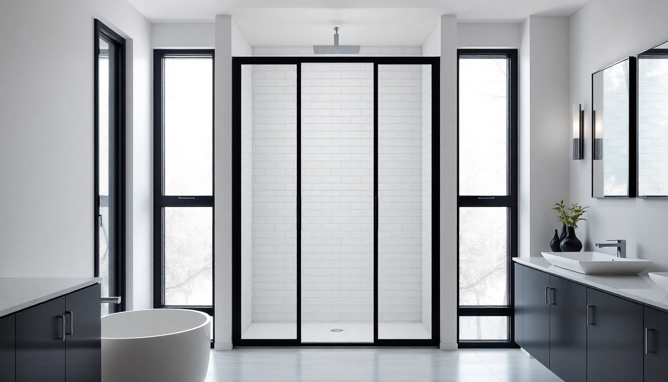 Stylish black frame shower doors featured prominently in a modern bathroom setting.