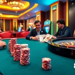 Engaged gamblers at 888NEW enjoy a thrilling Texas Hold'em poker game with vibrant casino decor.