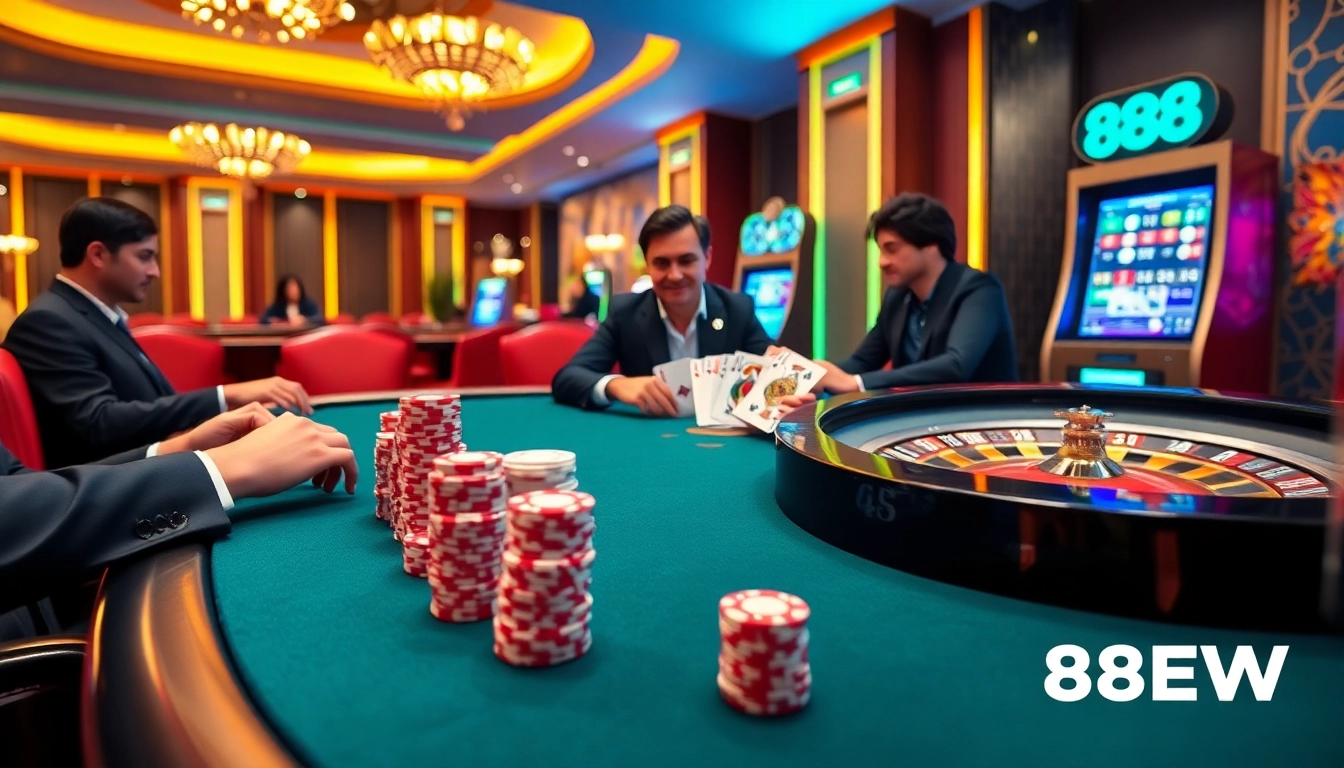 Engaged gamblers at 888NEW enjoy a thrilling Texas Hold'em poker game with vibrant casino decor.