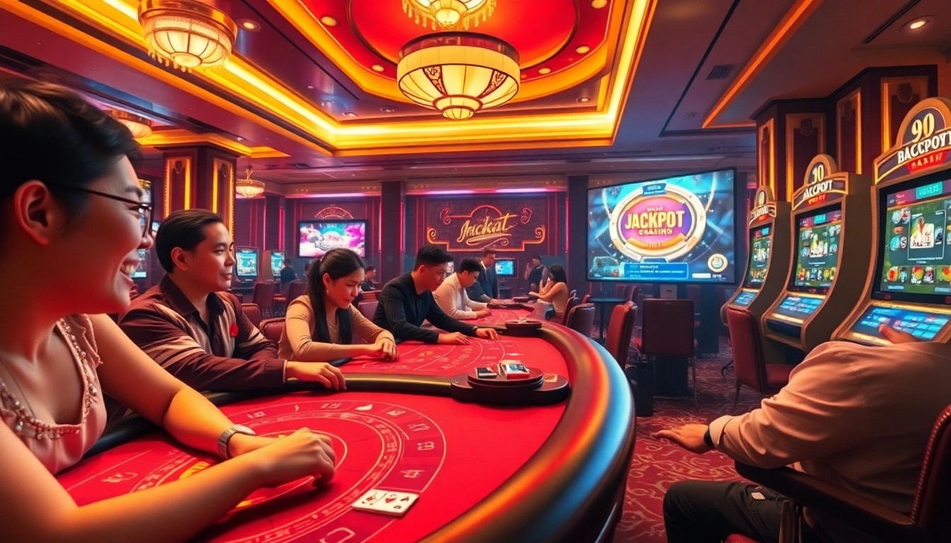 Exciting casino atmosphere featuring players at 98win's Baccarat and Poker tables.