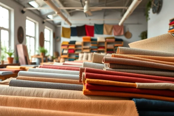 Bekijk goedkope canvas stoffen met diverse kleuren en texturen in een creatieve werkplaats.