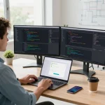 Developer using 谷歌浏览器 in modern workspace filled with coding tools and natural light.