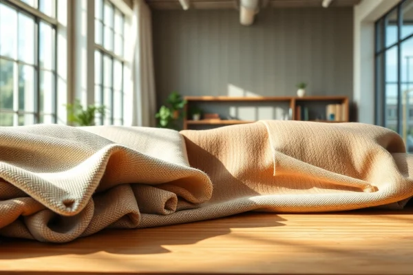 Stof kopen per meter ontdekken met verschillende stoffen op een elegante tafel.