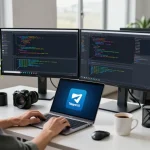 开发者在现代办公空间中使用Telegram中文界面进行编码