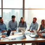 Members of a construction member organization collaborating on plans in a sunlit conference room.