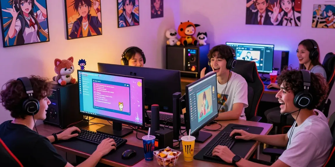 Friends enjoying the ecchi bot features in a lively Discord gaming setup, showcasing colorful anime-themed decor and interactive screens.