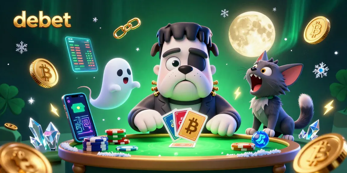 Experience debet gaming with a cartoon monster dealer and crypto elements in a vibrant casino scene.