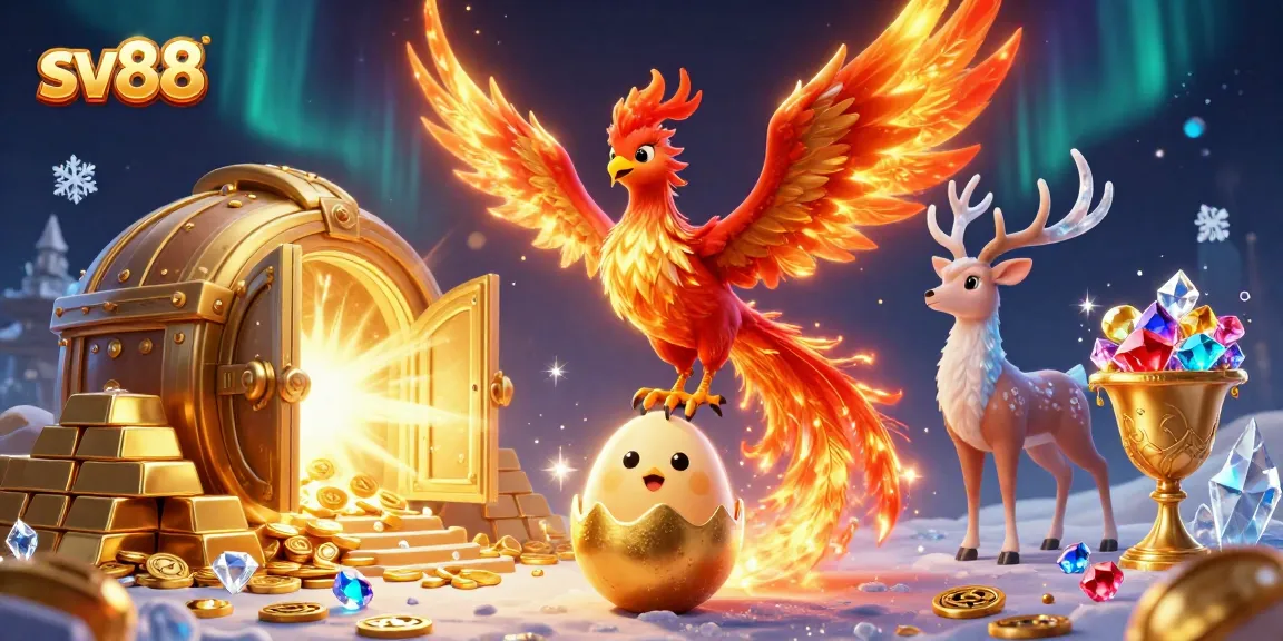 sv88 showcases an interactive casino scene with a phoenix, golden treasure, and magic.