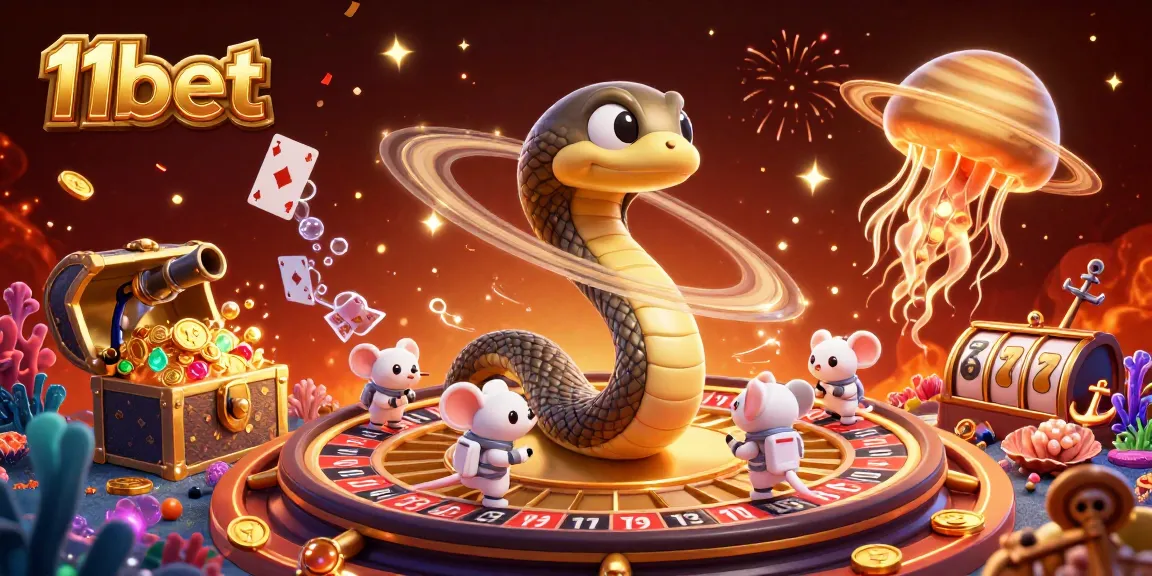 11bet illustrates a thrilling cosmic casino with a Saturn ring snake and superhero mice betting.