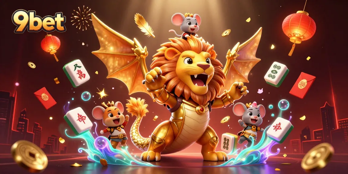 Experience the thrill of 9bet with an epic scene featuring a chimera and roulette elements.