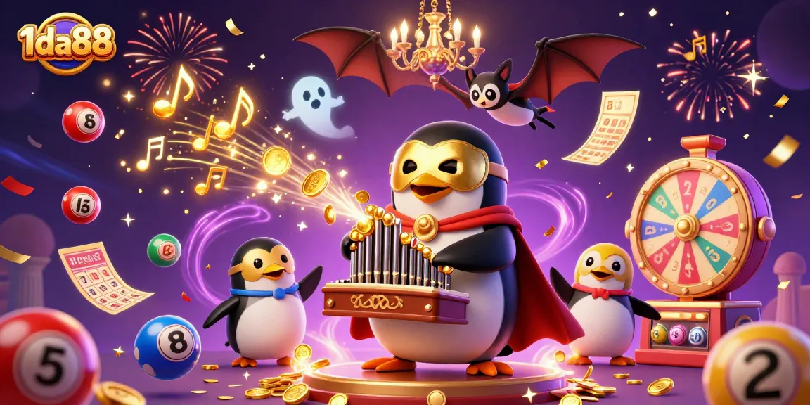 Experience the magic of 1da88 with a phantom penguin playing an organ amidst golden coins and festive elements.
