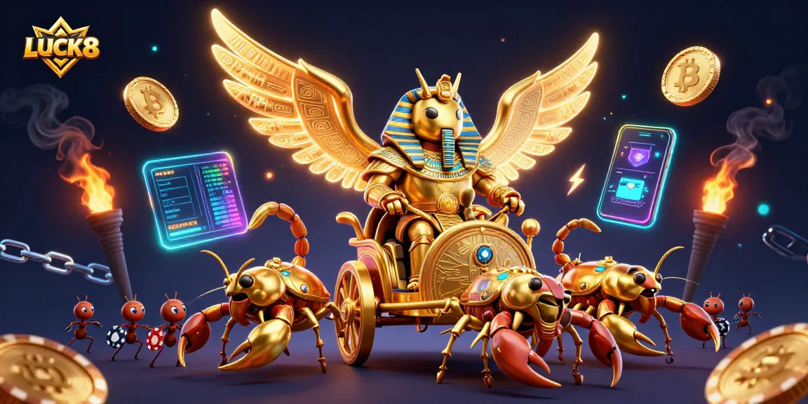Experience LUCK8 excitement with a golden scarab beetle in a dynamic casino scene.