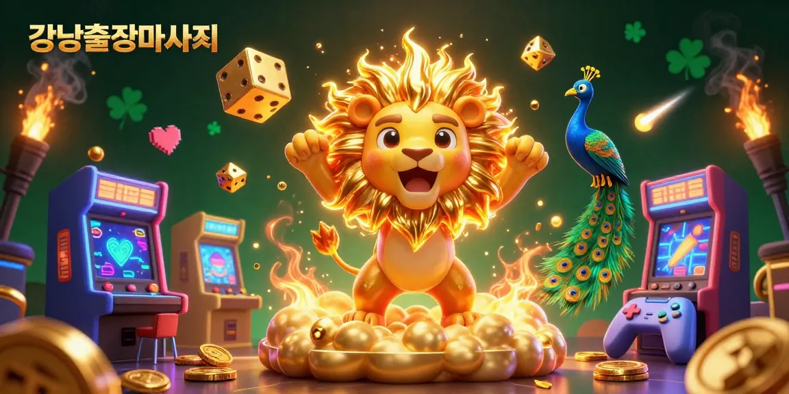 Engage in the best 강남출장마사지 with a 3D cartoon lion celebrating amidst vibrant casino elements and golden dice.